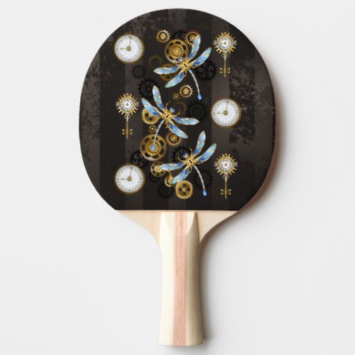 Steampunk Dragonflies on brown striped background Ping Pong Paddle
