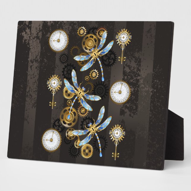 Steampunk Dragonflies on brown striped background Plaque (Side)