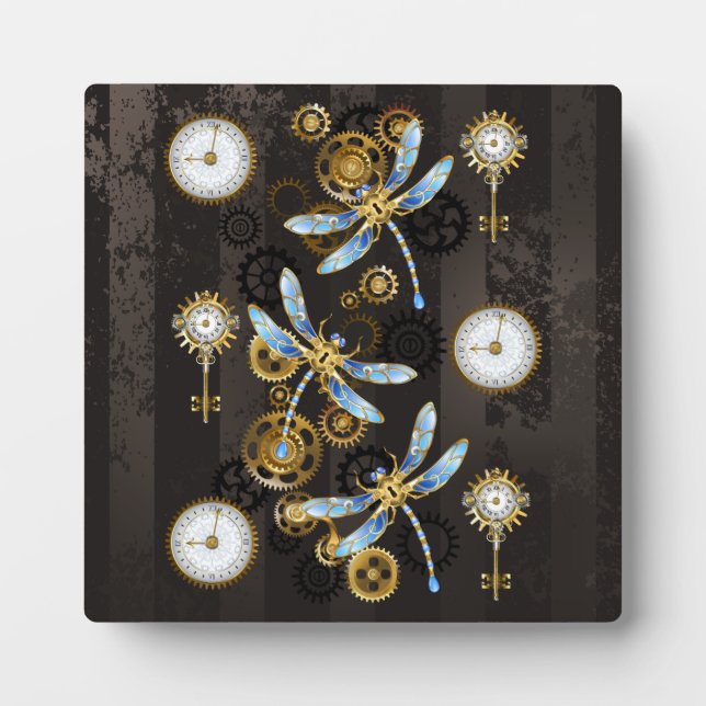 Steampunk Dragonflies on brown striped background Plaque (Front)