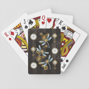 Steampunk Dragonflies on brown striped background Playing Cards