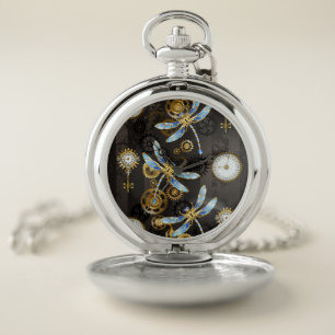 Steampunk Dragonflies on brown striped background Pocket Watch