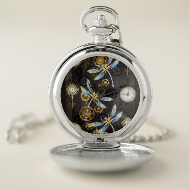 Steampunk Dragonflies on brown striped background Pocket Watch (Inside)