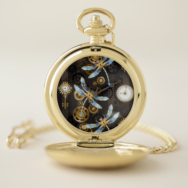 Steampunk Dragonflies on brown striped background Pocket Watch (Inside)