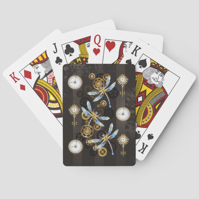 Steampunk Dragonflies on brown striped background Poker Cards (Back)