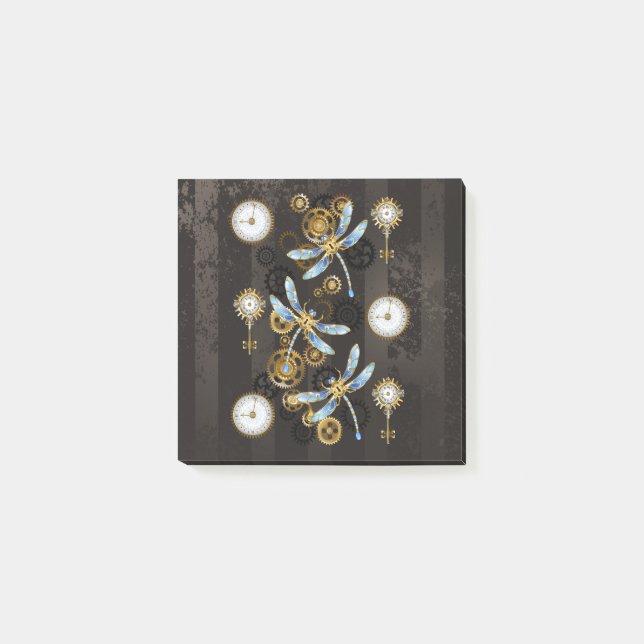 Steampunk Dragonflies on brown striped background Post-it Notes (Front)