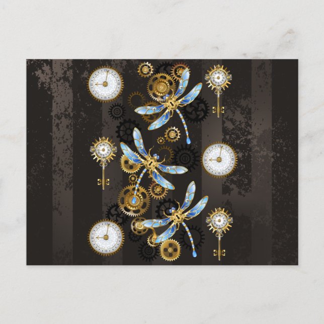 Steampunk Dragonflies on brown striped background Postcard (Front)