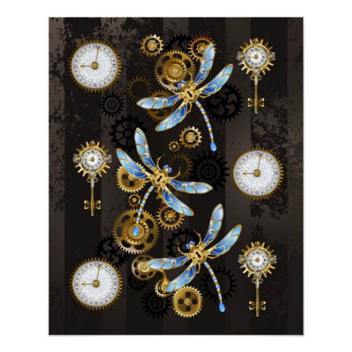 Steampunk Dragonflies on brown striped background Poster