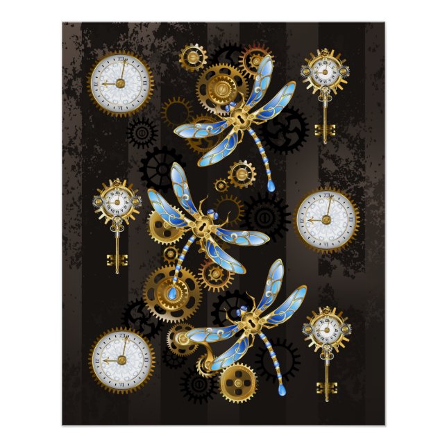 Steampunk Dragonflies on brown striped background Poster (Front)