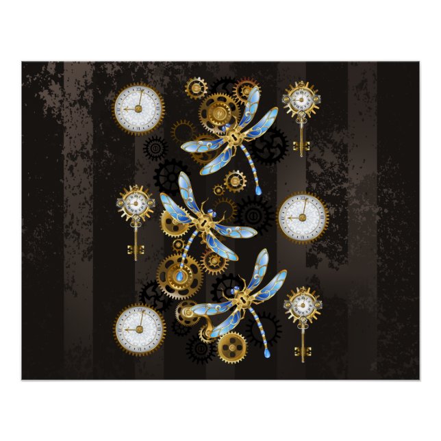Steampunk Dragonflies on brown striped background Poster (Front)