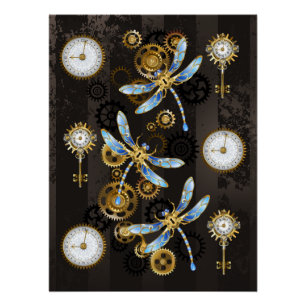Steampunk Dragonflies on brown striped background Poster