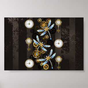 Steampunk Dragonflies on brown striped background Poster