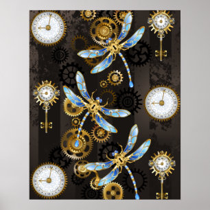 Steampunk Dragonflies on brown striped background Poster