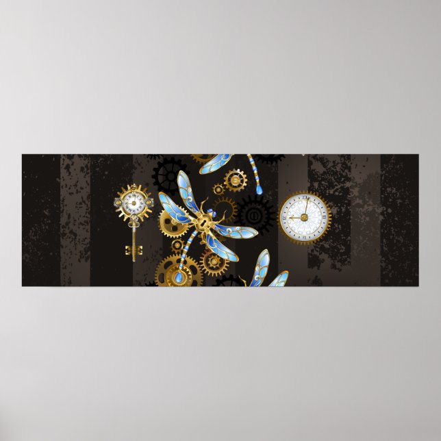 Steampunk Dragonflies on brown striped background Poster (Front)