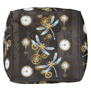 Steampunk Dragonflies on brown striped background Pouf