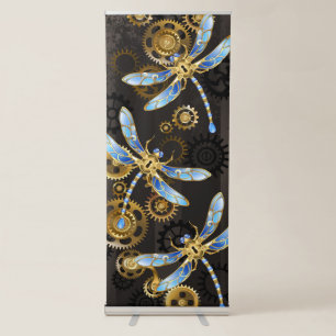 Steampunk Dragonflies on brown striped background Retractable Banner
