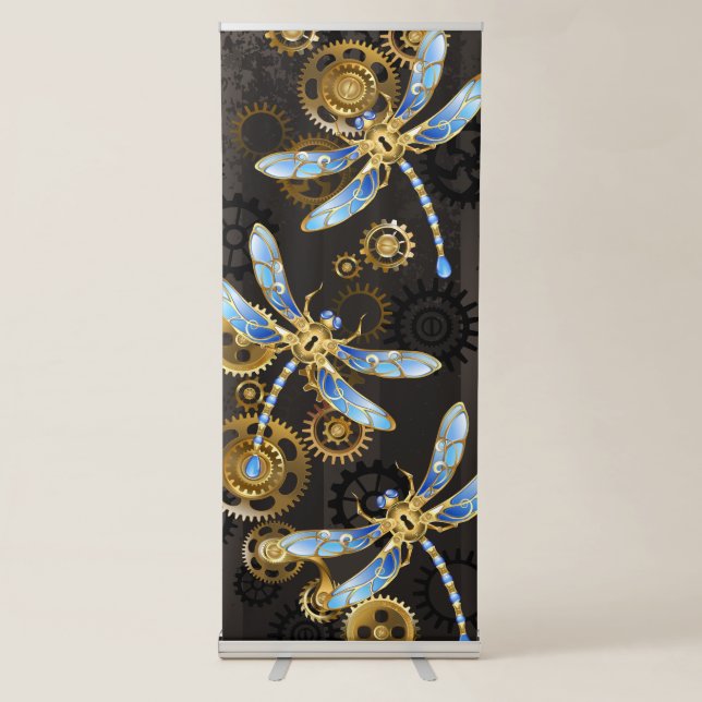 Steampunk Dragonflies on brown striped background Retractable Banner (Front)