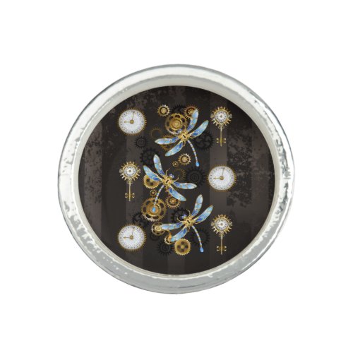 Steampunk Dragonflies on brown striped background Ring