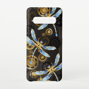 Steampunk Dragonflies on brown striped background Samsung Galaxy S10 Case