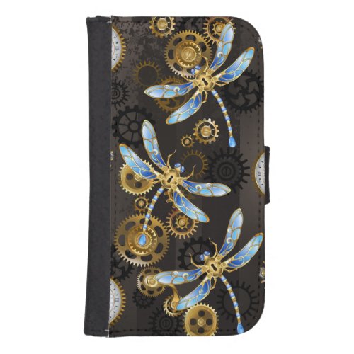 Steampunk Dragonflies on brown striped background Galaxy S4 Wallet Case