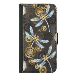 Steampunk Dragonflies on brown striped background Samsung Galaxy S5 Wallet Case