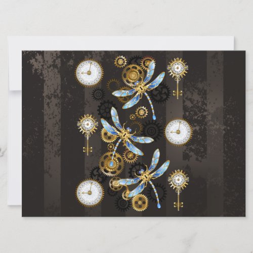 Steampunk Dragonflies on brown striped background Save The Date