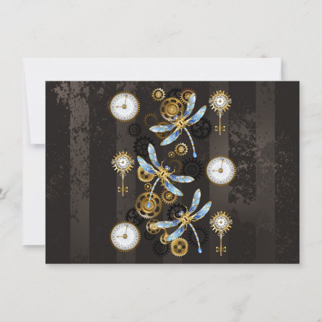 Steampunk Dragonflies on brown striped background Save The Date (Front)