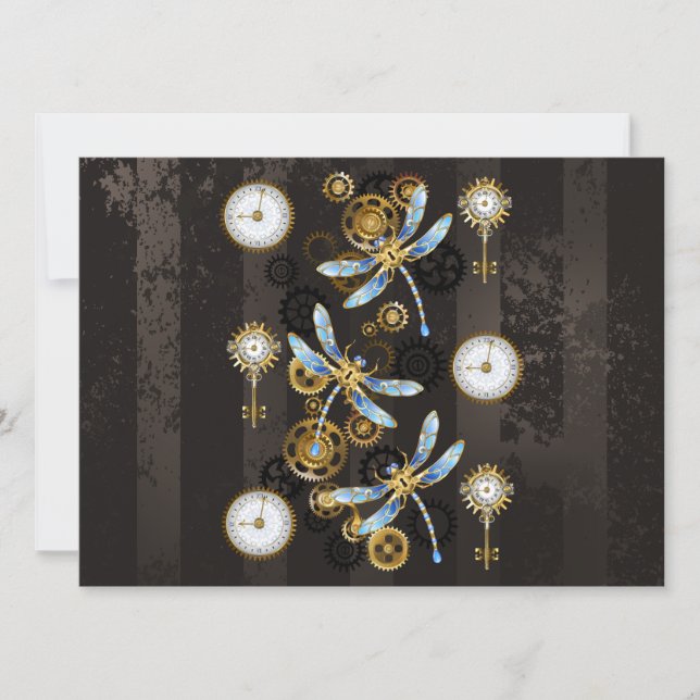 Steampunk Dragonflies on brown striped background Save The Date (Front)