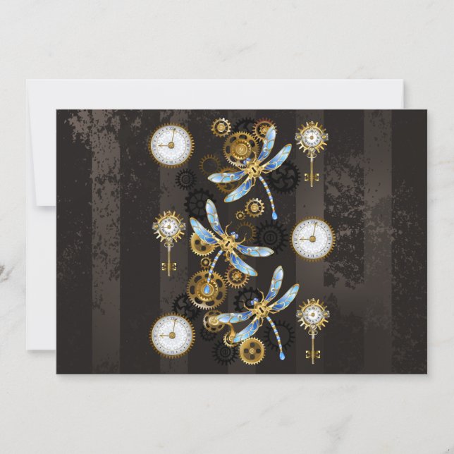 Steampunk Dragonflies on brown striped background Save The Date (Front)
