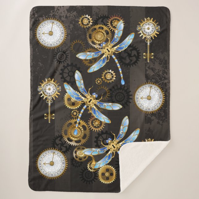 Steampunk Dragonflies on brown striped background Sherpa Blanket (Front)