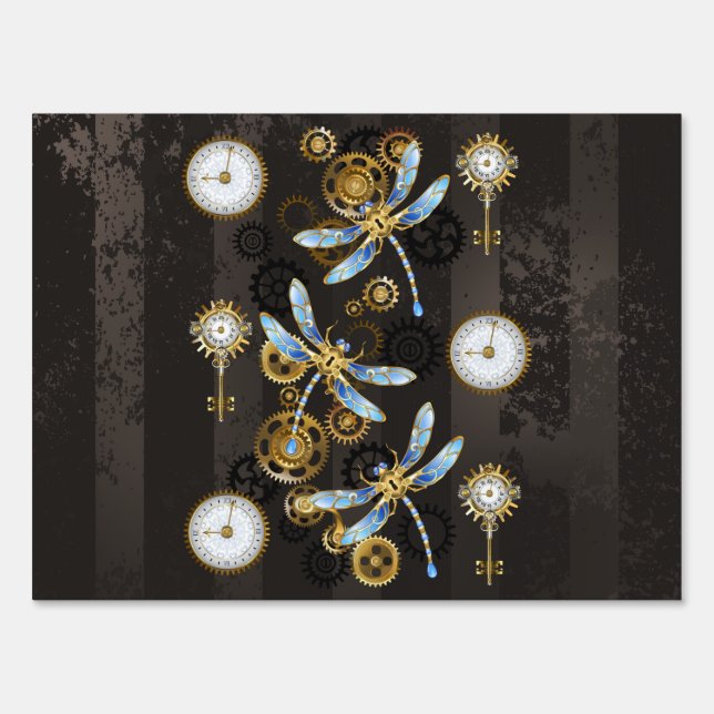 Steampunk Dragonflies on brown striped background Sign (Front)