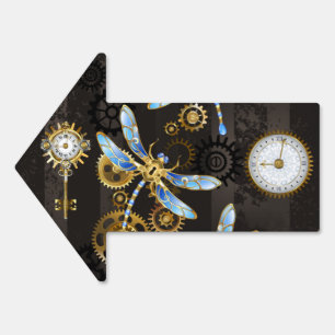 Steampunk Dragonflies on brown striped background Sign