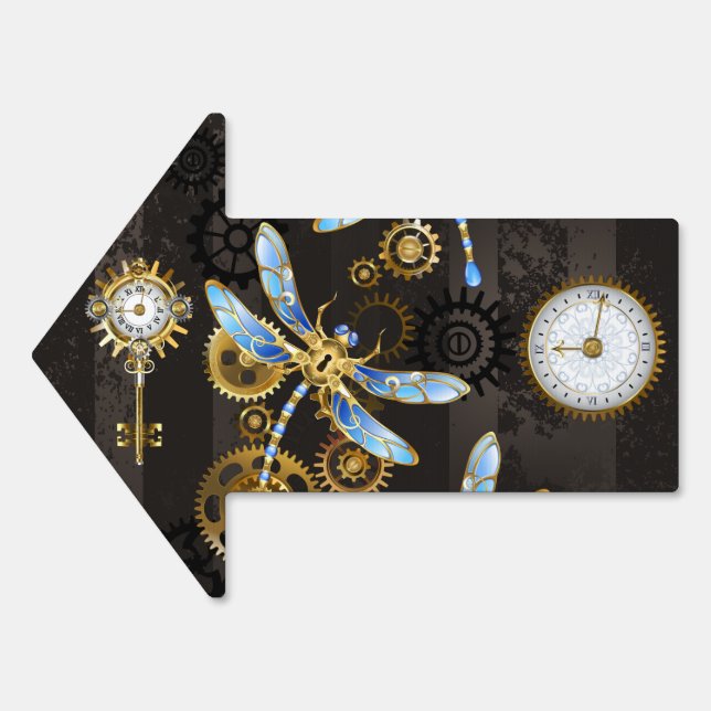 Steampunk Dragonflies on brown striped background Sign (Front)