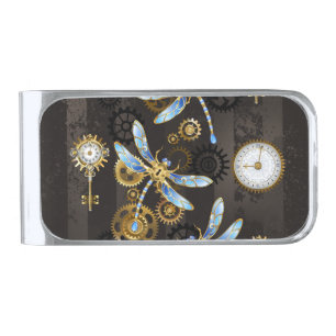 Steampunk Dragonflies on brown striped background Silver Finish Money Clip