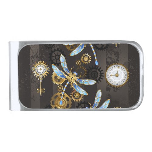 Steampunk Dragonflies on brown striped background Silver Finish Money Clip