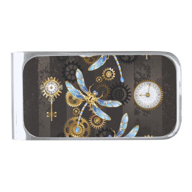 Steampunk Dragonflies on brown striped background Silver Finish Money Clip (Front)