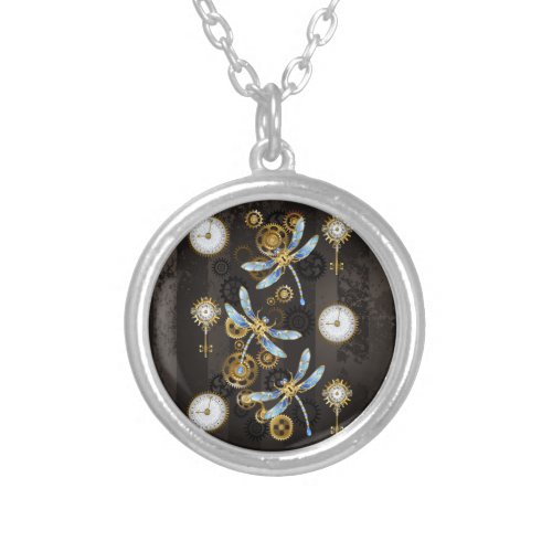 Steampunk Dragonflies on brown striped background Silver Plated Necklace