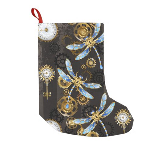 Steampunk Dragonflies on brown striped background Small Christmas Stocking