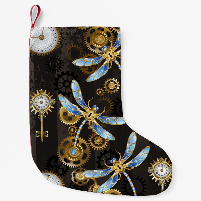 Steampunk Dragonflies on brown striped background Small Christmas Stocking (Front)