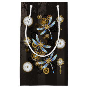 Steampunk Dragonflies on brown striped background Small Gift Bag