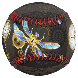 Steampunk Dragonflies on brown striped background Softball