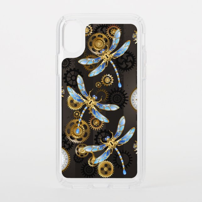 Steampunk Dragonflies on brown striped background Speck iPhone XS Case (Front)