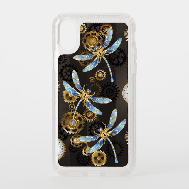 Steampunk Dragonflies on brown striped background Speck iPhone XS Case (Front)