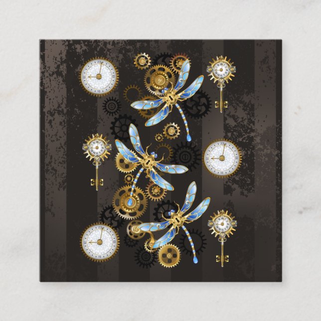 Steampunk Dragonflies on brown striped background Square Business Card (Front)