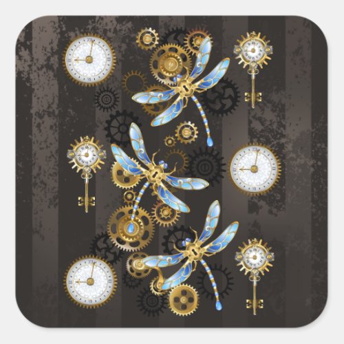 Steampunk Dragonflies on brown striped background Square Sticker