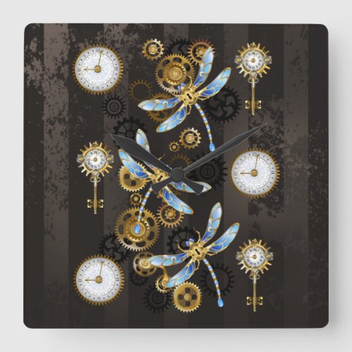 Steampunk Dragonflies on brown striped background Square Wall Clock