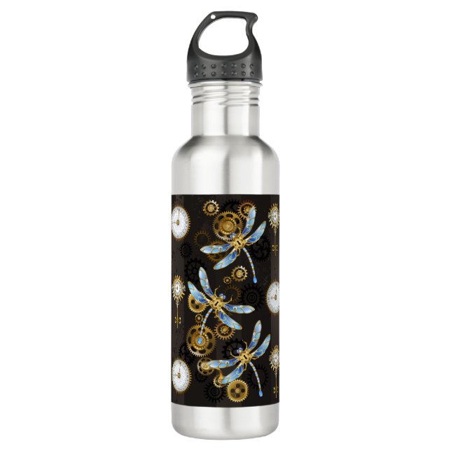 Steampunk Dragonflies on brown striped background Stainless Steel Water Bottle (Front)