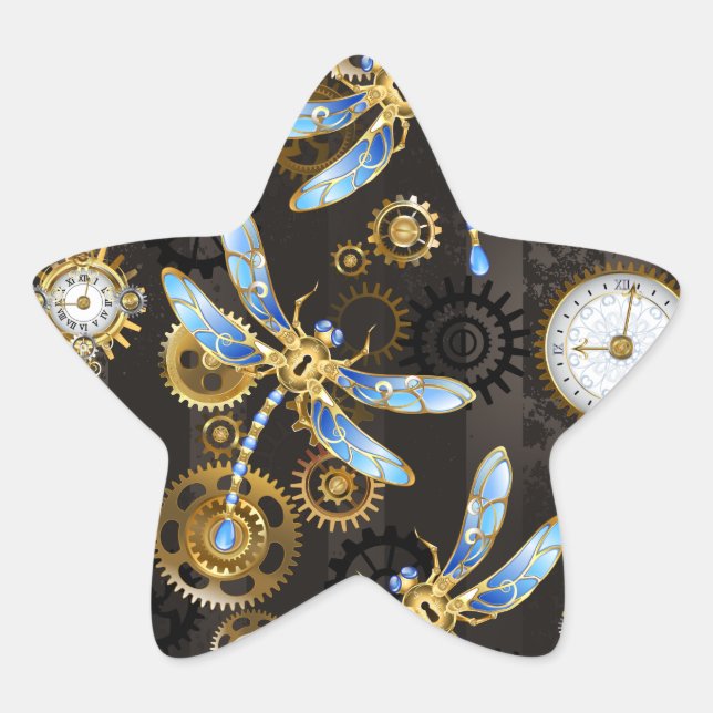 Steampunk Dragonflies on brown striped background Star Sticker (Front)