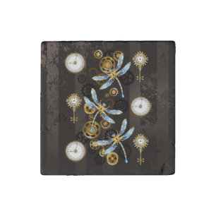 Steampunk Dragonflies on brown striped background Stone Magnet