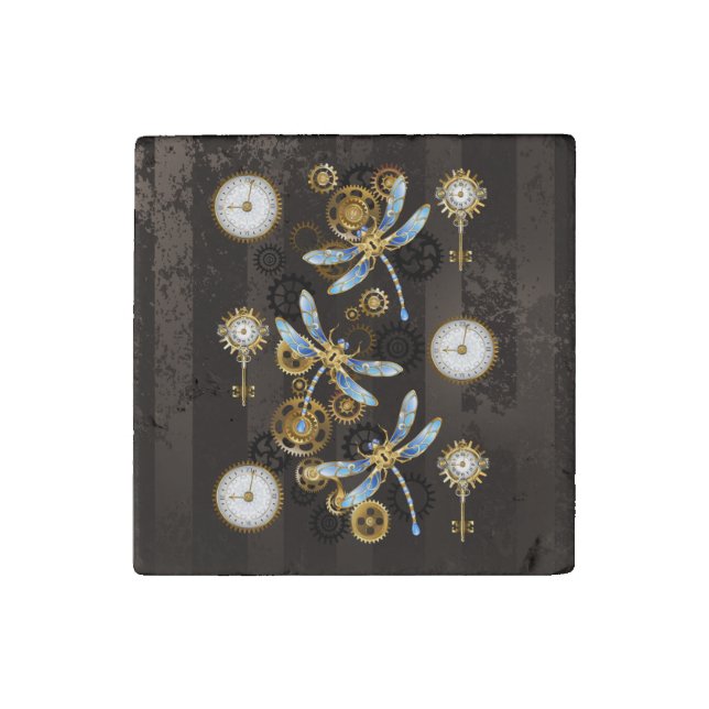 Steampunk Dragonflies on brown striped background Stone Magnet (Front)