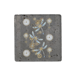 Steampunk Dragonflies on brown striped background Stone Magnet